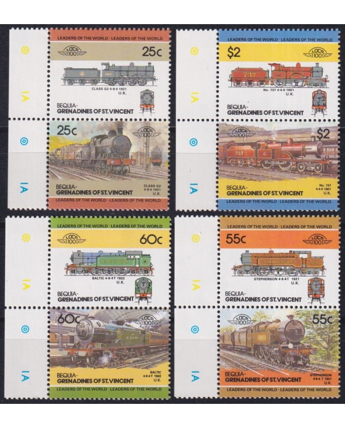 F-EX63839 BEQUIA GRENADINES ST VINCENT MNH 1985 RAILROAD RAILWAYS TRAIN LOCOMOTIVES.