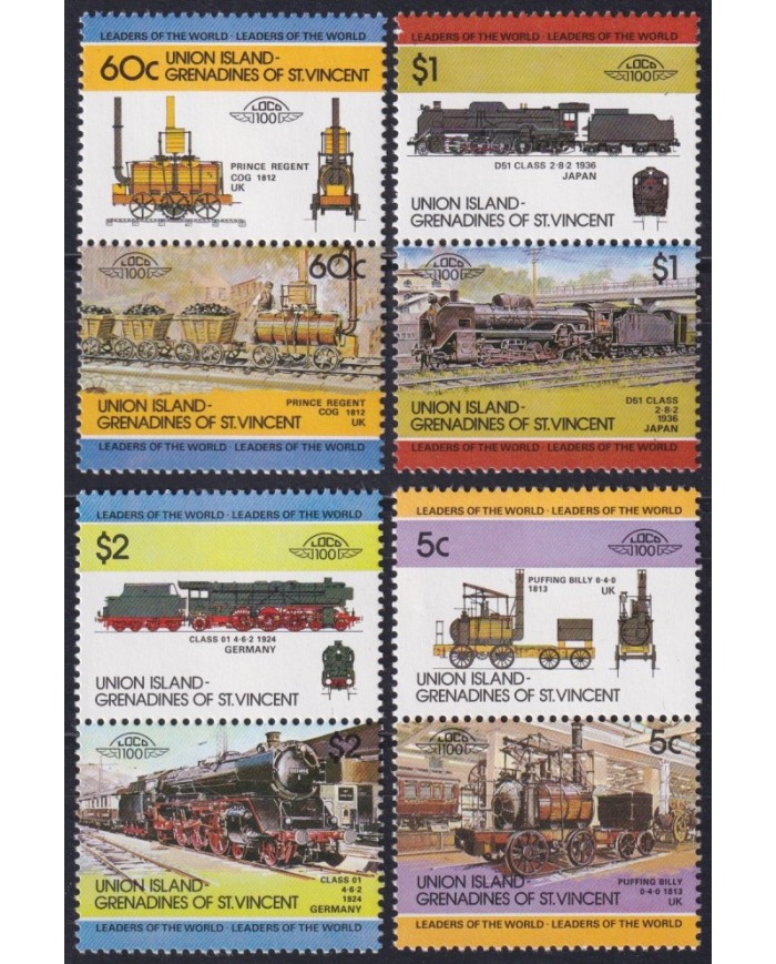 F-EX63846 UNION GRENADINES ST VINCENT MNH 1984 RAILROAD RAILWAYS TRAIN LOCOMOTIVES.