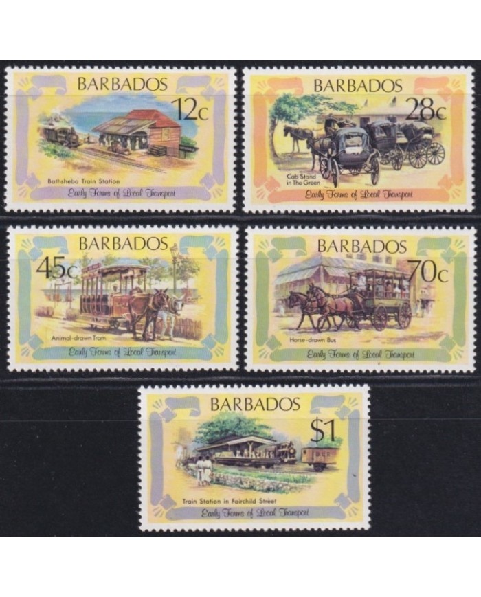 F-EX63851 BARBADOS MNH 1981 EARLY LOCAL TRANSPORT CARRIGAGE RAILROAD RAILWAYS TRAIN LOCOMOTIVES.