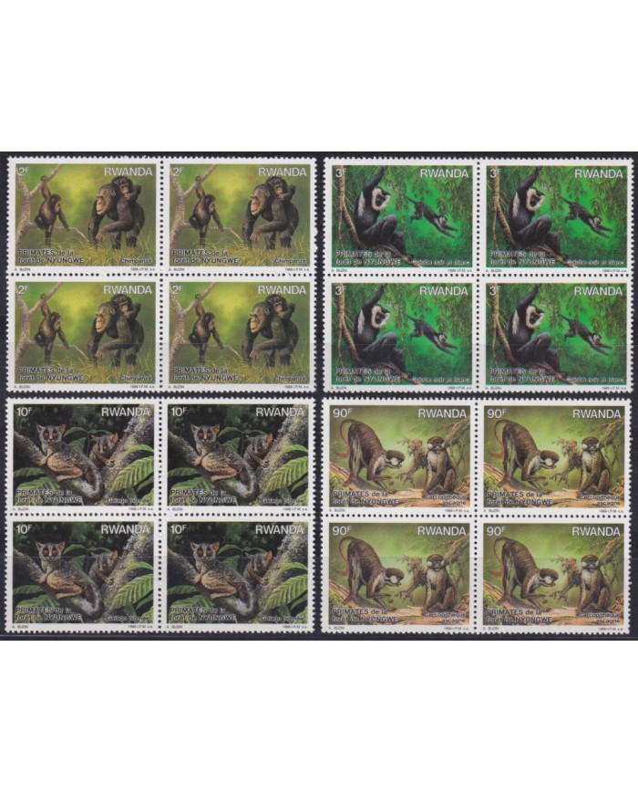 F-EX63564 RWANDA MNH 1988 BLOCK 4 FAUNA PRIMATES MONKEY.
