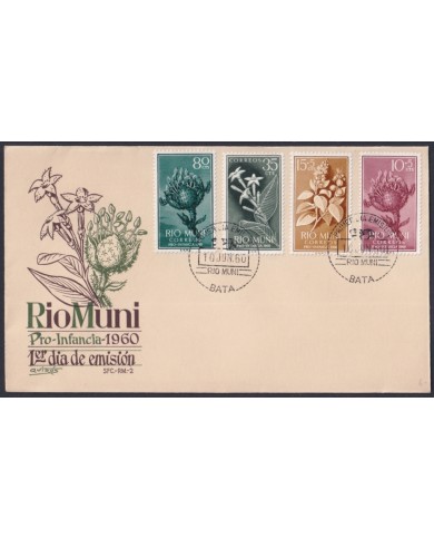 F-EX64134 RIO MUNI SPANISH COLONIES 1960 FDC PRO CHILDREN CACTUS FLOWER FLORES.