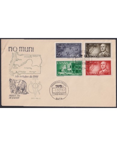 F-EX64066 RIO MUNI SPANISH COLONIES 1961 FDC MAP FRANCO GOVERNMENT BUILDING.