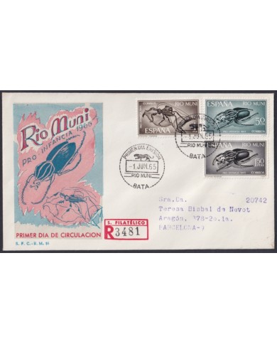 F-EX64135 RIO MUNI SPANISH COLONIES 1965 REG FDC PRO CHILDREN INSECTS BEETLE.