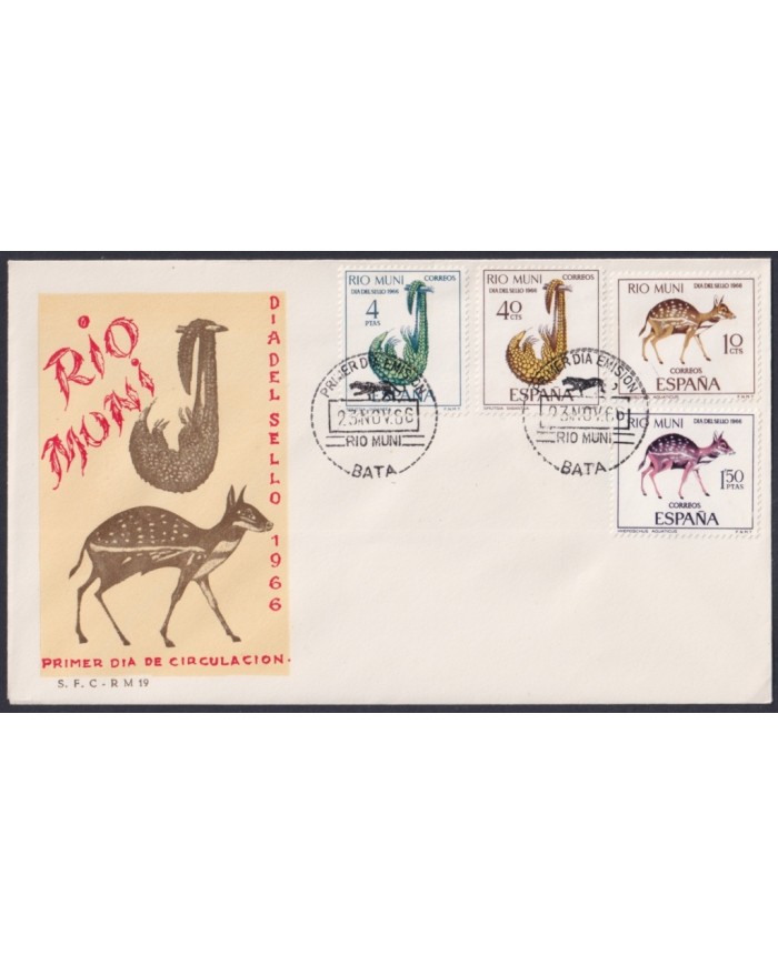 F-EX64136 RIO MUNI SPANISH COLONIES 1966 FDC STAMP DAY FAUNA PANGOLIN DEER.