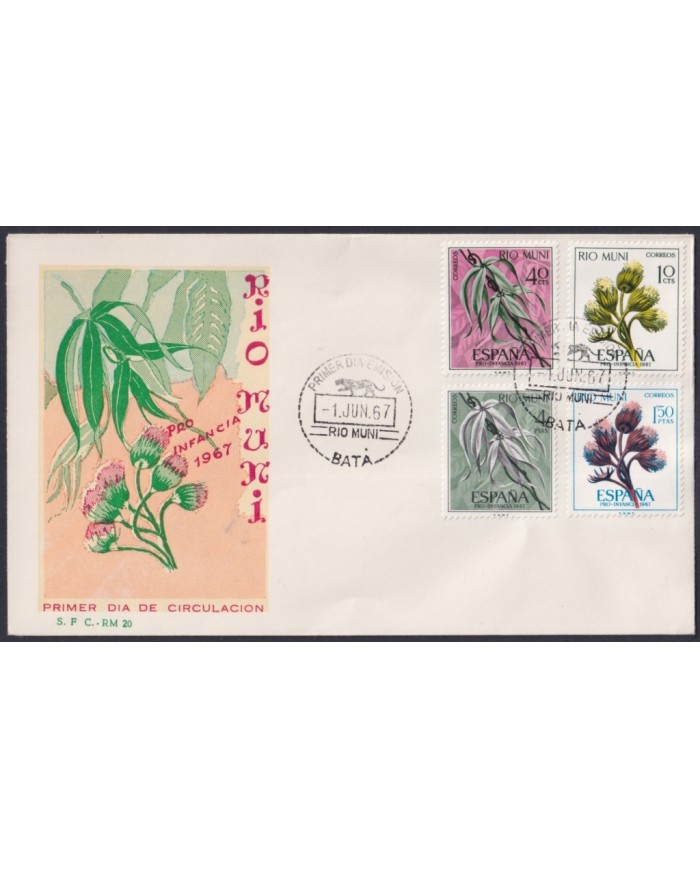 F-EX64137 RIO MUNI SPANISH COLONIES 1967 FDC PRO CHILDREN FLOWER FLORES.