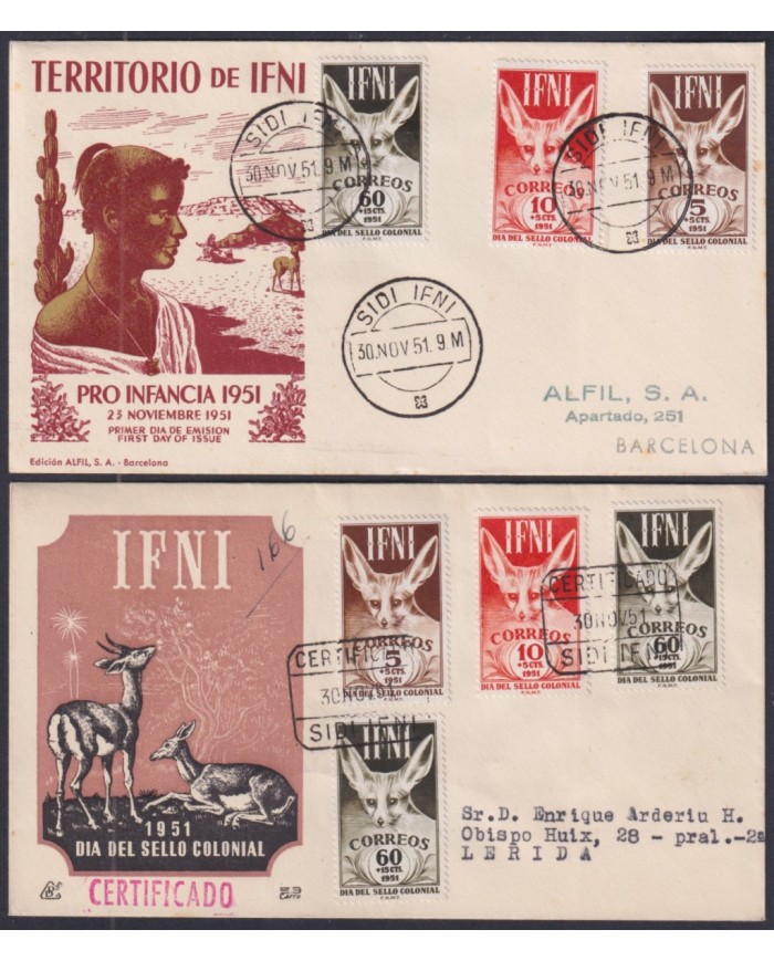 F-EX64122 SIDI IFNI MOROCCO 1951 FDC PRO CHILDREN FAUNA TO BARCELONA SPAIN 2 DIFF.