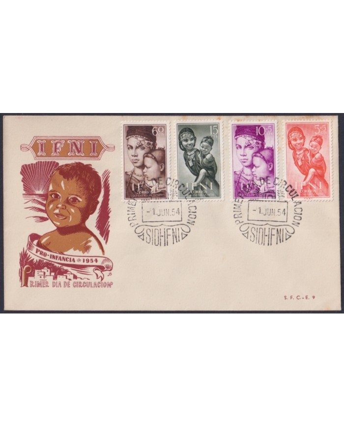 F-EX64085 SIDI IFNI MOROCCO 1954 FDC PRO CHILDREN WOMAN TO BARCELONA SPAIN.