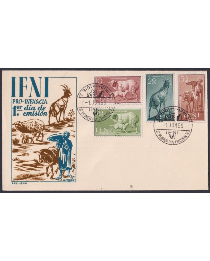 F-EX64124 SIDI IFNI MOROCCO 1959 FDC PRO CHILDREN FAUNA DEER SHEEP.