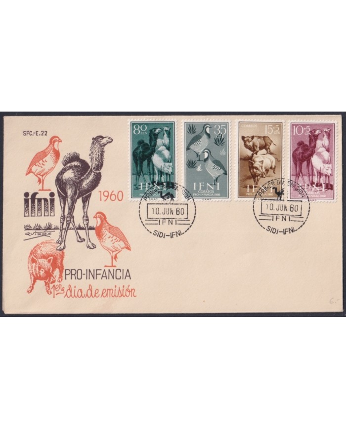F-EX64126 SIDI IFNI MOROCCO 1960 FDC PRO CHILDREN FAUNA CAMEL BIRD WILD PIG.