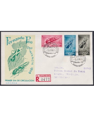 F-EX64140 FERNANDO POO 1965 FDC REG PRO CHILDREN BEETLE INSECTS ENTOMOLOGY.