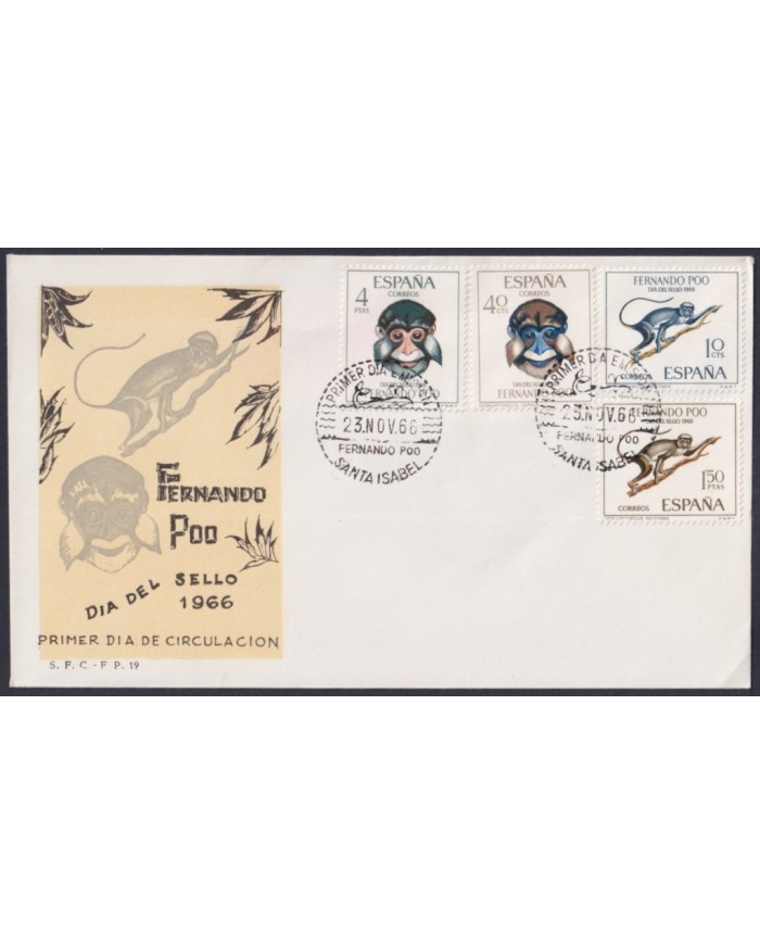 F-EX64141 FERNANDO POO 1966 FDC STAMPS DAY FAUNA MONKEY PRIMATES MONOS.