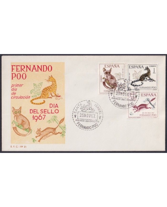 F-EX64143 FERNANDO POO 1967 FDC STAMPS DAY FAUNA SQUIRRELL FELINE.