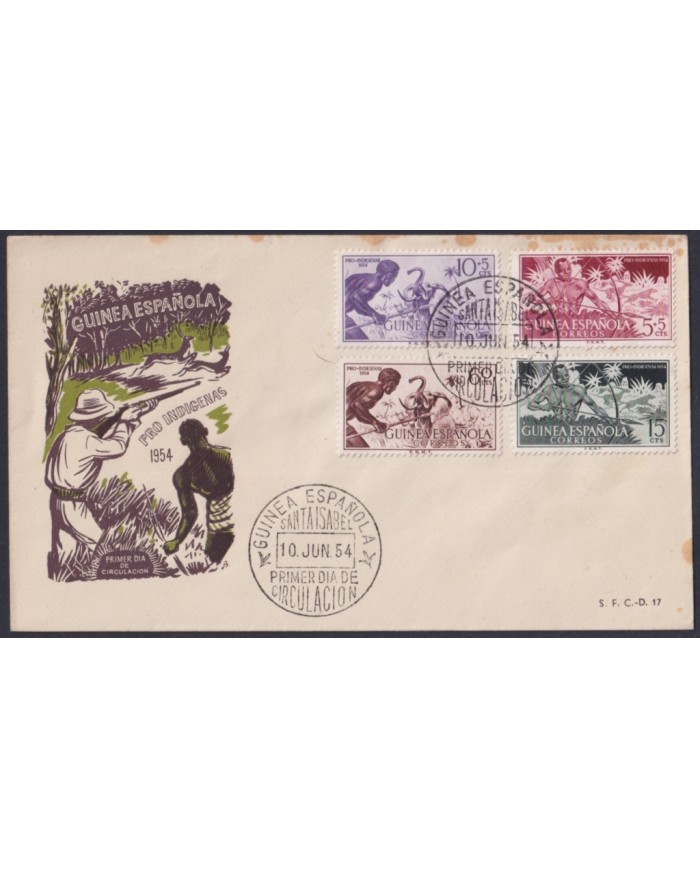 F-EX64089 SPANISH GUINEA 1954 FDC PRO INDIGENOUS SHUTTING HUNTTING ELEPHANT.