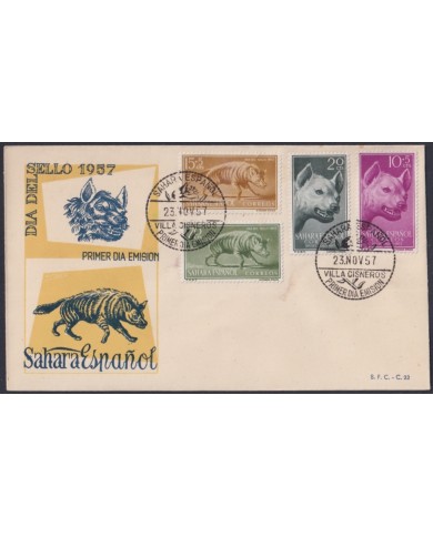 F-EX64077 SPANISH SAHARA 1957 FDC STAMPS DAY FAUNA HYENA WILDLIFE.