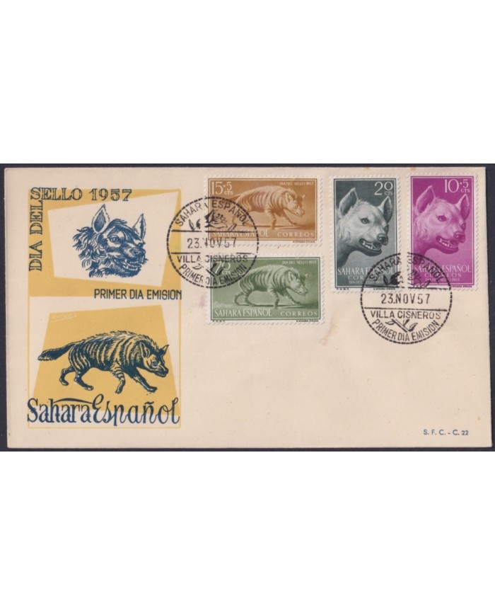 F-EX64077 SPANISH SAHARA 1957 FDC STAMPS DAY FAUNA HYENA WILDLIFE.