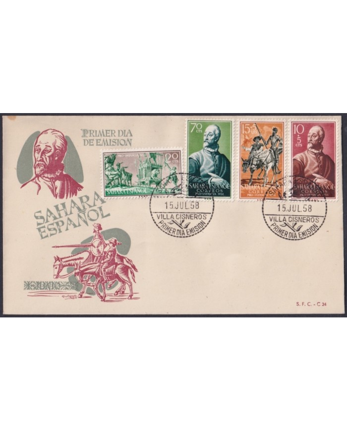 F-EX64078 SPANISH SAHARA 1958 FDC MIGUEL DE CERVANTES DON QUIJOTE LITERATURE.