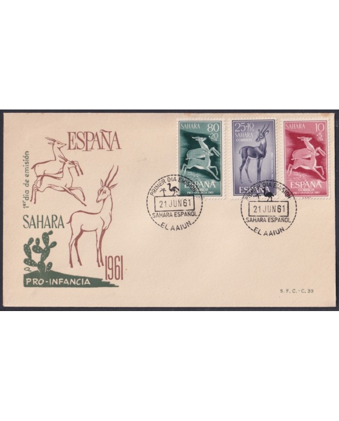 F-EX64070 SPANISH SAHARA 1961 FDC PRO CHILDREN FAUNA DEER ANTELOPE.