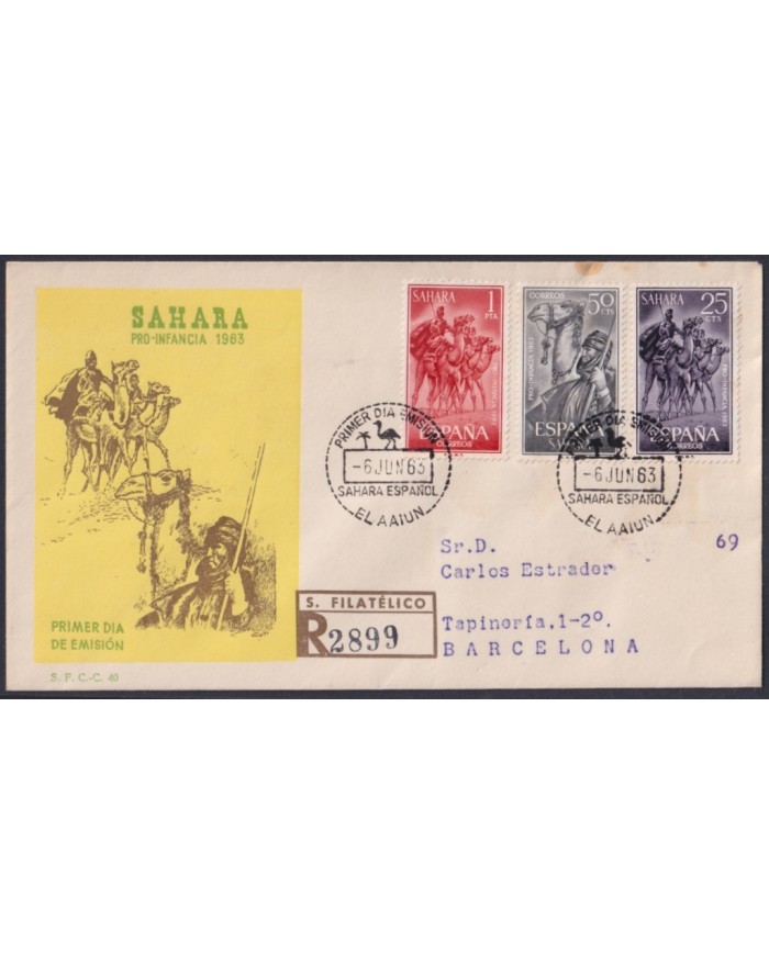 F-EX64071 SPANISH SAHARA 1963 FDC RED PRO CHILDREN FAUNA CAMEL.