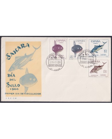 F-EX64104 SPANISH SAHARA 1966 FDC STAMPS DAY FAUNA MARINE WILDLIFE FISH PECES.