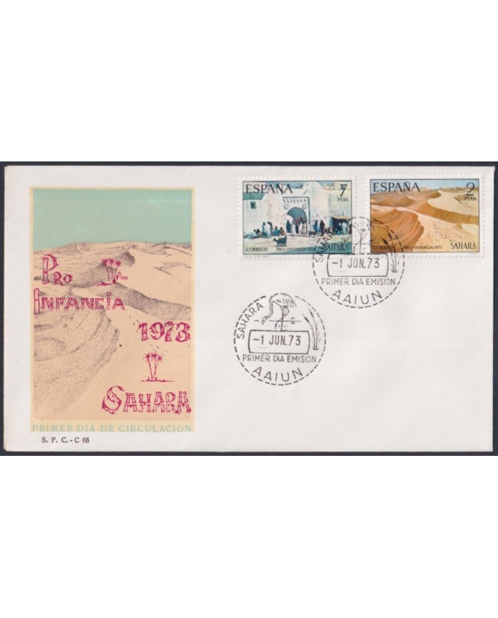 F-EX64110 SPANISH SAHARA 1973 FDC PRO CHILDREN DESERT LANDSCAPE.
