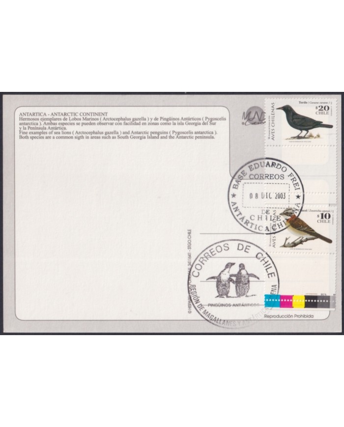 F-EX64182 CHILE ANTARCTIC TERRITORY 2003 COVER EDUARDO FREI STATION BIRD.