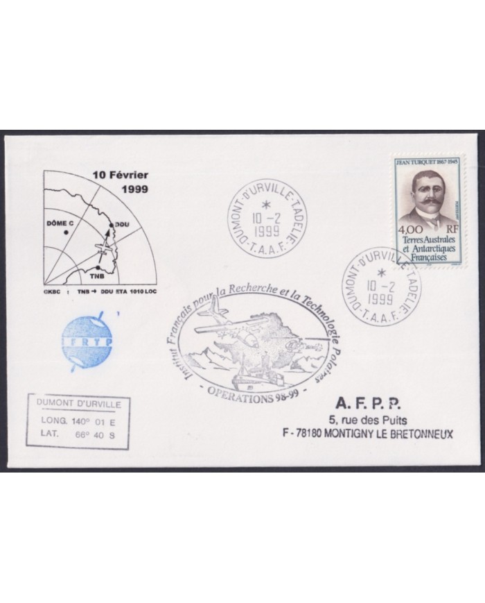 F-EX64218 TAAF FRANCE 1999 DUMONT D´URVILLE ANTARCTIC STATION COVER OPERATION 98-99.