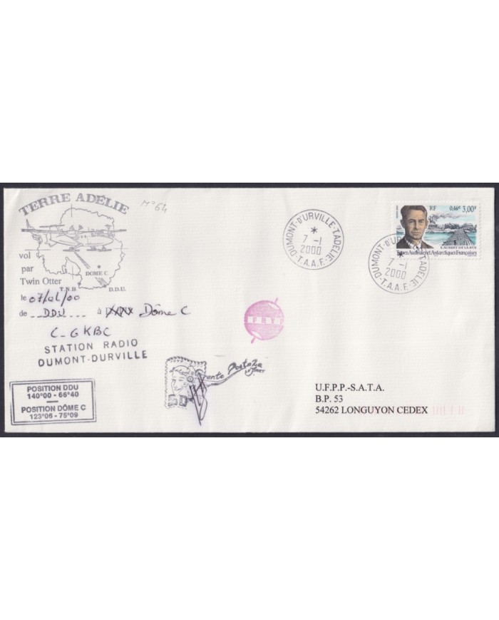 F-EX64206 TAAF FRANCE 2000 DUMONT D´URVILLE ANTARCTIC STATION FLIGHT COVER.