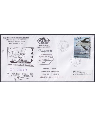 F-EX64205 TAAF FRANCE 2001 MARION DUFRESNE PAQUEBOT ANTARCTIC STATION COVER.
