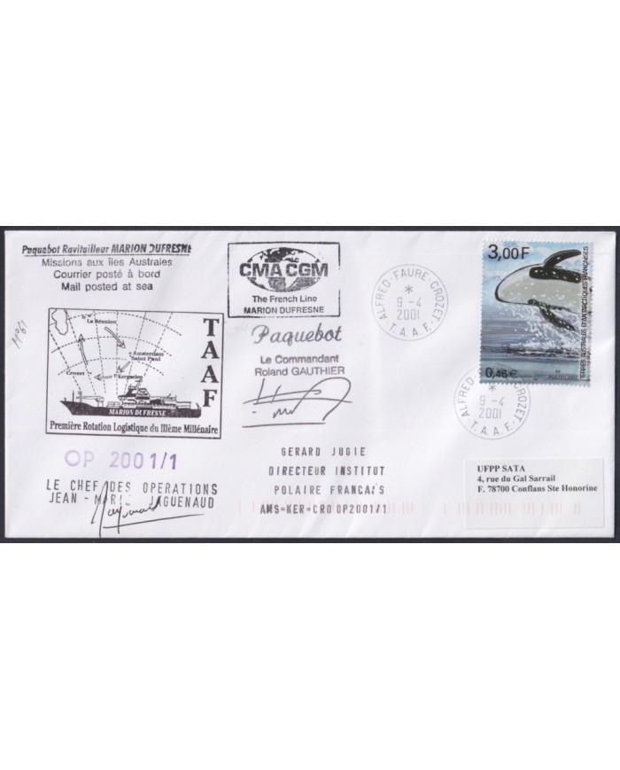 F-EX64205 TAAF FRANCE 2001 MARION DUFRESNE PAQUEBOT ANTARCTIC STATION COVER.