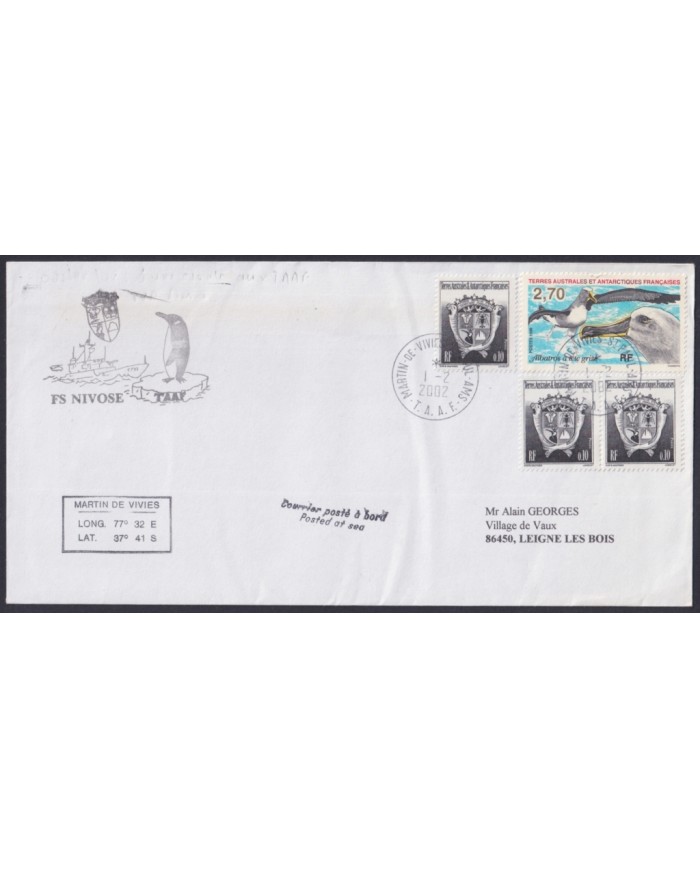 F-EX64207 TAAF FRANCE 2002 FS NIVOSE MARTIN DE VIVIES ANTARCTIC STATION COVER.