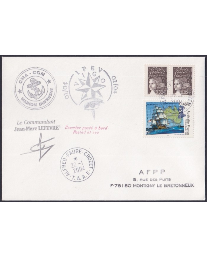 F-EX64211 TAAF FRANCE 2004 MARION DUFRESNE PAQUEBOT ANTARCTIC STATION COVER.