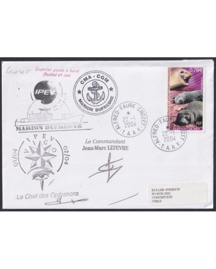 F-EX64214 TAAF FRANCE 2004 MARION DUFRESNE PAQUEBOT ANTARCTIC STATION COVER.
