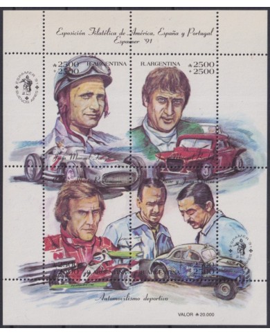 F-EX61927 ARGENTINA MNH 1991 SPORT RACE CAR FANGIO AUTO AUTOMOVIL TRANSPORTS.
