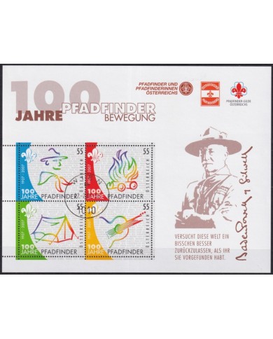 F-EX61212 AUSTRIA USED 2007 CENTENARY BOYS SCOUT LORD BADEM POWELL SHEET.