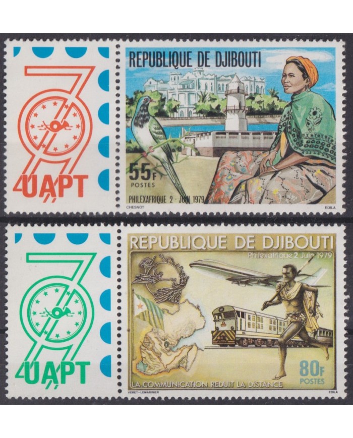 F-EX63814 DJIBOUTI MNH 1979 UAPT BIRD ARCHITECTURE RAILROAD RAILWAYS AIRPLANE AVION.