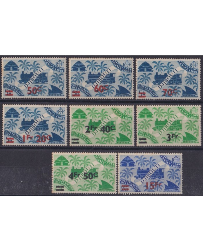 F-EX63348 DJIBOUTI ORIGINAL GUM 1945 NEW VALUE OVERPRINT RAILROAD SHIP BARCO FERROCARRIL TRAIN.