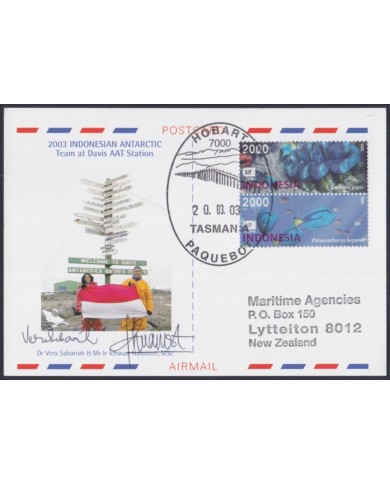 F-EX64168 INDONESIA 2003 ANTARCTIC EXPEDITION STATION POSTCARD TASMANIA PAQUEBOT.