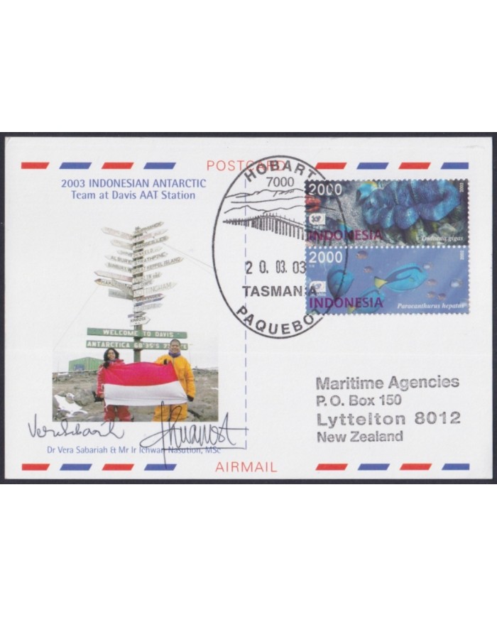 F-EX64168 INDONESIA 2003 ANTARCTIC EXPEDITION STATION POSTCARD TASMANIA PAQUEBOT.