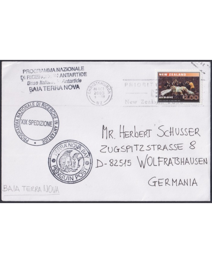 F-EX64184 NEW ZEALAND 2003 ITALIA ANTARCTIC STATION TERRANOVA PENGUIN POST.