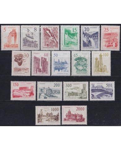 F-EX63764 YUGOSLAVIA MH 1961-62 DEFINITIVE SET ARCHITECTURE RAILROAD DEVELOPMENT.