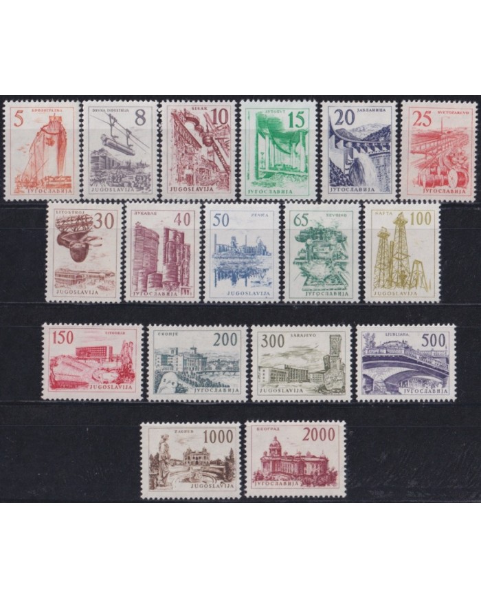 F-EX63764 YUGOSLAVIA MH 1961-62 DEFINITIVE SET ARCHITECTURE RAILROAD DEVELOPMENT.