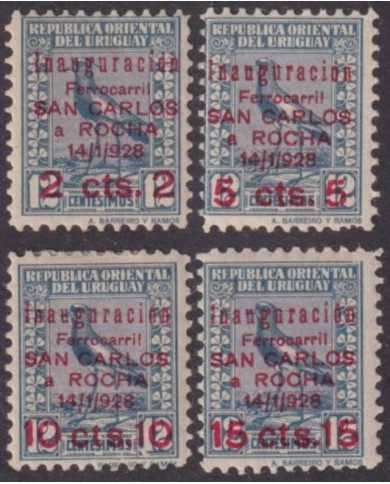 F-EX63502 URUGUAY MH 1928 OVERPRINT INAUGURATION RAILROAD SAN CARLOS – ROCHA TRAIN.