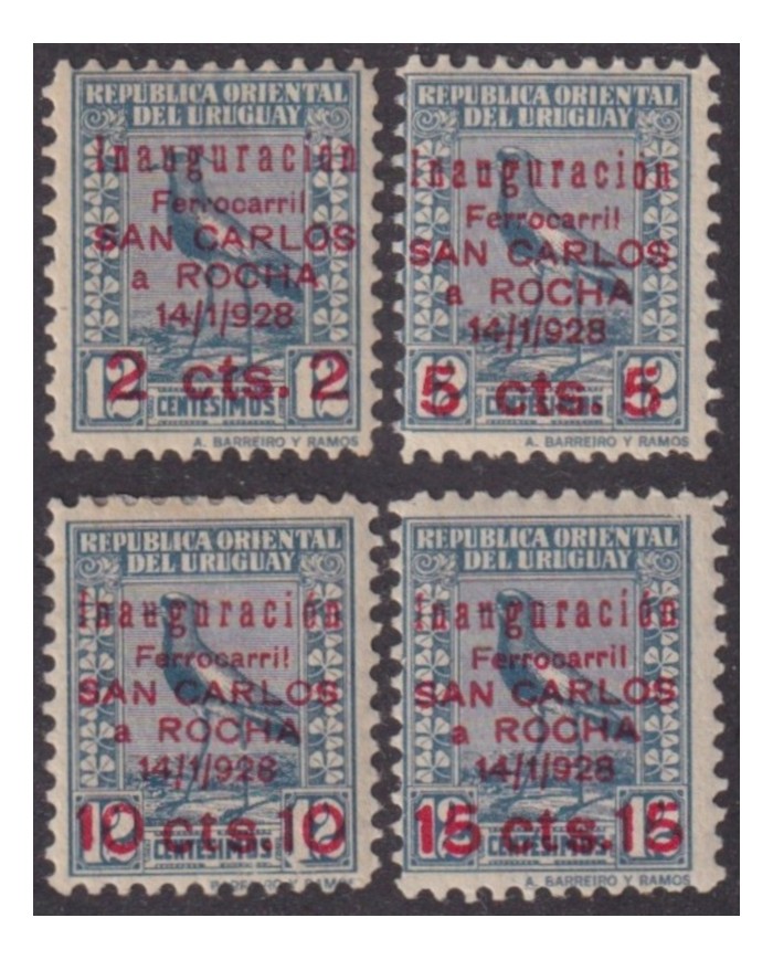F-EX63502 URUGUAY MH 1928 OVERPRINT INAUGURATION RAILROAD SAN CARLOS – ROCHA TRAIN.