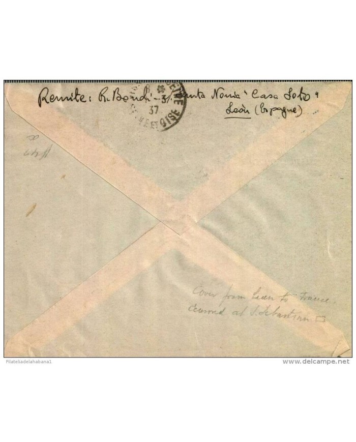 F-EX574 SPAIN ESPAÑA HOTEL OLIDEN LEON. 1937. CENSORSHIP SAN SEBASTIAN FRANCE