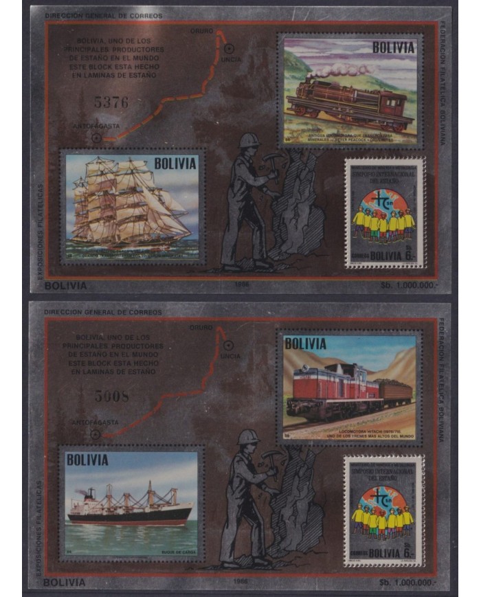 F-EX59881 BOLIVIA MNH 1986 MINING TRAIN LOCOMOTIVE RAILROAD ANTOFAGASTA ESTAÑO.