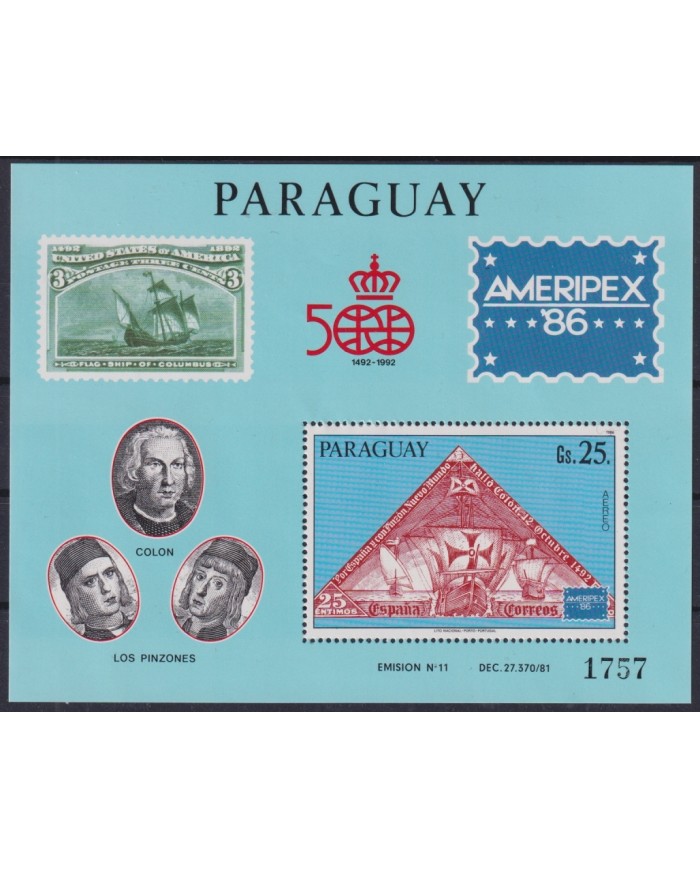 F-EX64465 PARAGUAY MNH 1986 DISCOVERY OF AMERICA BARCOS SHIP COLUMBUS AMERIPEX.