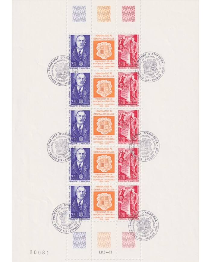 F-EX65034 FRENCH ANDORRA USED ORIGINAL GUM 1990 CHARLES DE GAULLE SPECIAL SHEET.