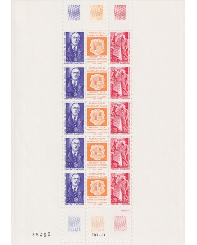 F-EX65035 FRENCH ANDORRA MNH 1990 CHARLES DE GAULLE SPECIAL SHEET.