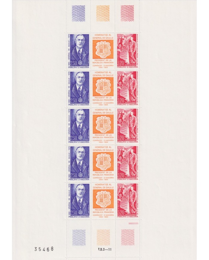F-EX65035 FRENCH ANDORRA MNH 1990 CHARLES DE GAULLE SPECIAL SHEET.