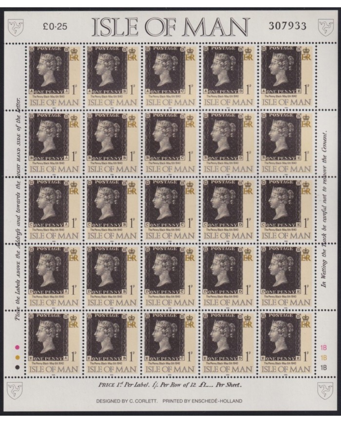 F-EX65044 MAN IS UK ENGLAND MNH 1990 150 ANNIV PENNY BLACK SPECIAL SHEET.